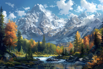 Wall Mural - A painting of a mountain river with trees and mountains in the background, depicting a serene and peaceful natural landscape.