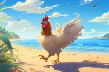cartoon illustration, a chicken is walking on the beach