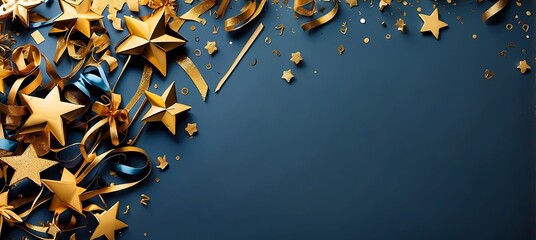 Sticker - New Year background with gold stars, confetti and ribbons.