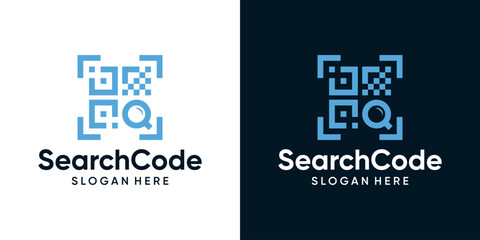 Search barcode logo design template. QR code with magnifying glass logo design graphic vector illustration. Symbol, icon, creative.