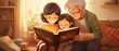 Asian grandparents reading a book to grandchildren, cozy and affectionate family scene, comfortable living room