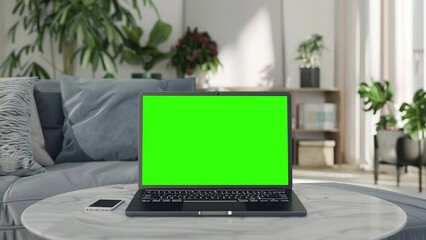 Poster - Laptop with blank green screen in office interior. Smooth camera movement around object with bokeh background. Home interior or office, 4k 24fps UHD