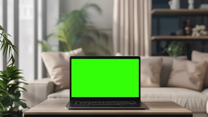 Poster - Laptop with blank green screen in office interior. Smooth camera movement around object with bokeh background. Home interior or office, 4k 24fps UHD