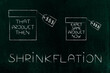 Shrinkflation design with product packaging, products getting smaller for the same price due to Inflation and recession