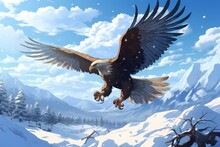 Cartoon Illustration, An Eagle Is Flying In The Snow