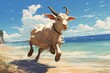 cartoon illustration, a goat is running on the beach