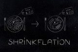 Fototapeta  - Shrinkflation design with meal labels in dollars and ounces, products getting smaller for the same price due to Inflation
