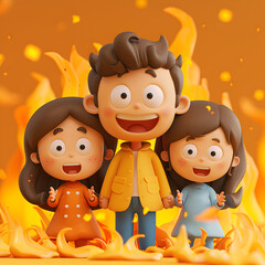 Wall Mural - A 3D animated cartoon render of a panicked family reacting to a fire.