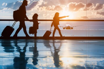 A family of three is walking through an airport with luggage.