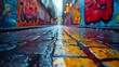 Colorful Urban Street Art on Wet Cobblestone Road with Graffiti Walls and Blurred City Lights