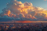 Fototapeta  - Majestic view of cumulus clouds floating over city at orange sundown in evening in Madrid