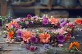 Fototapeta  - Making a Festive flower wreath, circlet of flowers, festival coronet of flowers