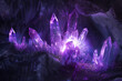 Ice cave grotto with magically glowing crystals in blue and purple.