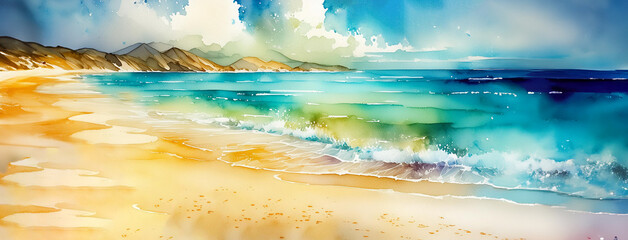 Wall Mural - Serene beach at sunrise, with waves and a warm palette, evoking peace