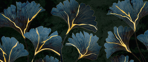 Wall Mural - dark luxury art background with ginkgo leaves with golden elements in kintsugi style. botanical bann