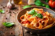 A bowl of homemade pasta with tomato sauce and basil leaves
