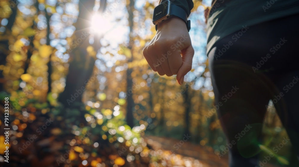 A person using a wearable device with AI capabilities tracking their steps and heart rate in realtime as they go for a jog emphasizing the convenience and accuracy of .