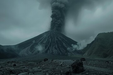 Wall Mural - Volcanic eruption volcano erupting with smoke ashes old mountain peak sky covered with fumes natural disaster catastrophe exploding explosion national park lava