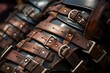 Buckled Straps: Close-up of buckled leather straps on a weapon.