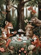 Whimsical forest animals having a tea party - A delightful scene of forest animals engaged in a whimsical tea party, evoking whimsy and storytelling charm