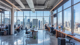 Fototapeta Łazienka - A large open office space with a view of the city. The office is filled with people working at their desks