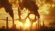 Industrial skull shape with sunset backdrop - A striking visual metaphor depicting a skull formed by industrial smokestacks against a sunset, symbolising environmental concerns