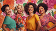 © Old Man Stocker - Group of Stylish Women Smiling Over Floral Background. Four fashionable women with radiant smiles pose confidently in front of a vibrant floral pattern, exuding elegance and camaraderie.