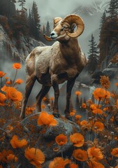 Wall Mural - An Aries Ram standing on a beautiful orange poppy covered mountain, forest backdrop, illustration made with Generative Ai