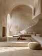 Modern Minimalist Living Room Interior with Arched Doorways and Sunlight