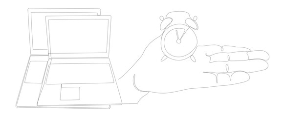 Poster - One continuous line of Laptop with Alarm Clock. Thin Line Illustration vector concept. Contour Drawing Creative ideas.