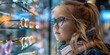 A girl trying new eyeglass in store with a big blurry backdrop of store and space for text or product advertisement, Generative AI.