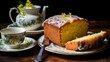 Lemon drizzle cake, close-up, with a moist texture and tangy icing, on a ceramic plate next to a cup of herbal tea. 