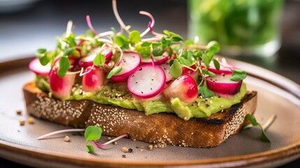 Poster - Avocado toast on artisan sourdough, close-up, topped with radishes and microgreens, on a marble coffee shop counter. 