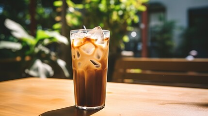 Poster - Iced coffee, close-up, with coffee ice cubes and a splash of almond milk, in a tall glass, on a sunny outdoor table. 