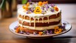 Spelt flour carrot cake, close-up, decorated with a light cream cheese frosting and edible flowers, on a ceramic stand. 