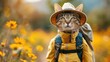 A cat with a backpack and a hat on the background of a blooming meadow.