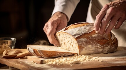 Canvas Print - Close-up of a baker's lame scoring a loaf of bread, focusing on the blade's precision cut and the artisan dough. 