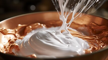 Wall Mural - Close-up of a copper bowl being used to whip egg whites, showcasing the shine of the bowl and the frothy peaks forming. 