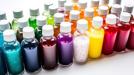 Wall Mural - A vibrant assortment of food coloring in dropper bottles, close-up, on a white surface, ready to be used in baking decorations.