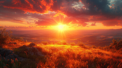 Wall Mural - sunrise paints the sky with vibrant hues of orange and pink, casting a golden glow over the landscap