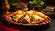Empanadas with a spicy beef filling, close-up, showing the crimped edges and golden pastry, on a colorful ceramic dish. 