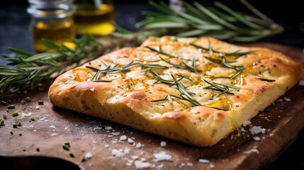 Poster - Focaccia with rosemary and sea salt, close-up, showcasing the dimpled surface and aromatic herbs, on a rustic stone countertop. 