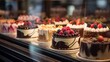 Close-up of a refrigerated showcase filled with decadent cheesecakes and tortes, each elegantly decorated, in a high-end bakery. 