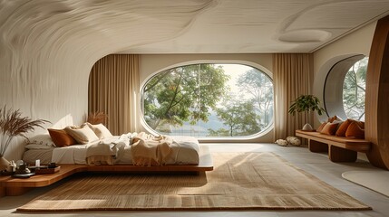 Wall Mural - Modern Wooden Bedroom Interior with Lake View