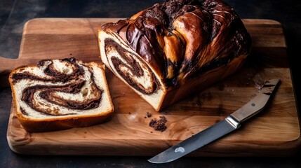 Wall Mural - Swirled chocolate babka, close-up, with layers of dough and chocolate filling, on a cutting board with a knife beside.