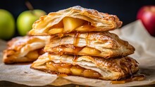Close-up Of Puff Pastry Turnovers Filled With Spiced Apples, On Parchment Paper, Showcasing The Flaky Layers. 