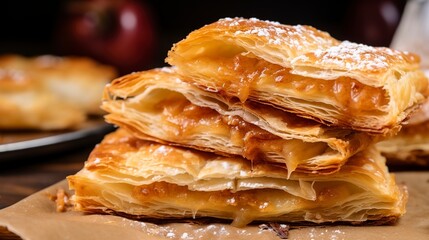 Wall Mural - Close-up of puff pastry turnovers filled with spiced apples, on parchment paper, showcasing the flaky layers.