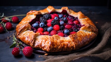 Poster - A rustic galette with seasonal berries, close-up, with the edges folded over the colorful filling, on a stone countertop. 