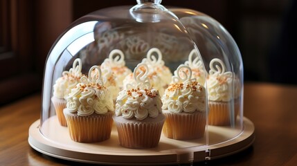 Poster - Close-up of a cupcake carrier with a handle, showcasing cupcakes with intricate icing, through the clear dome lid. 