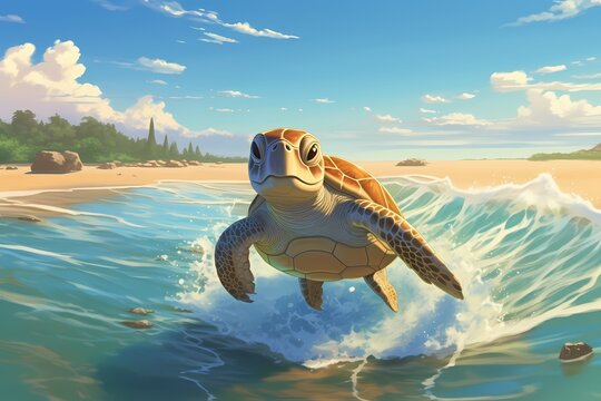 cartoon illustration, a turtle is walking on the beach